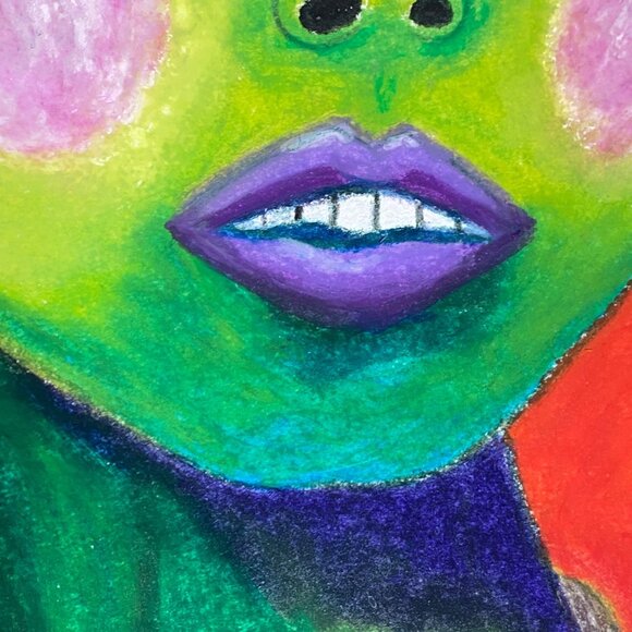 Green Girl with Flower Necklace Original Oil Pastel Painting 11x14in Matted - Picture 7 of 8